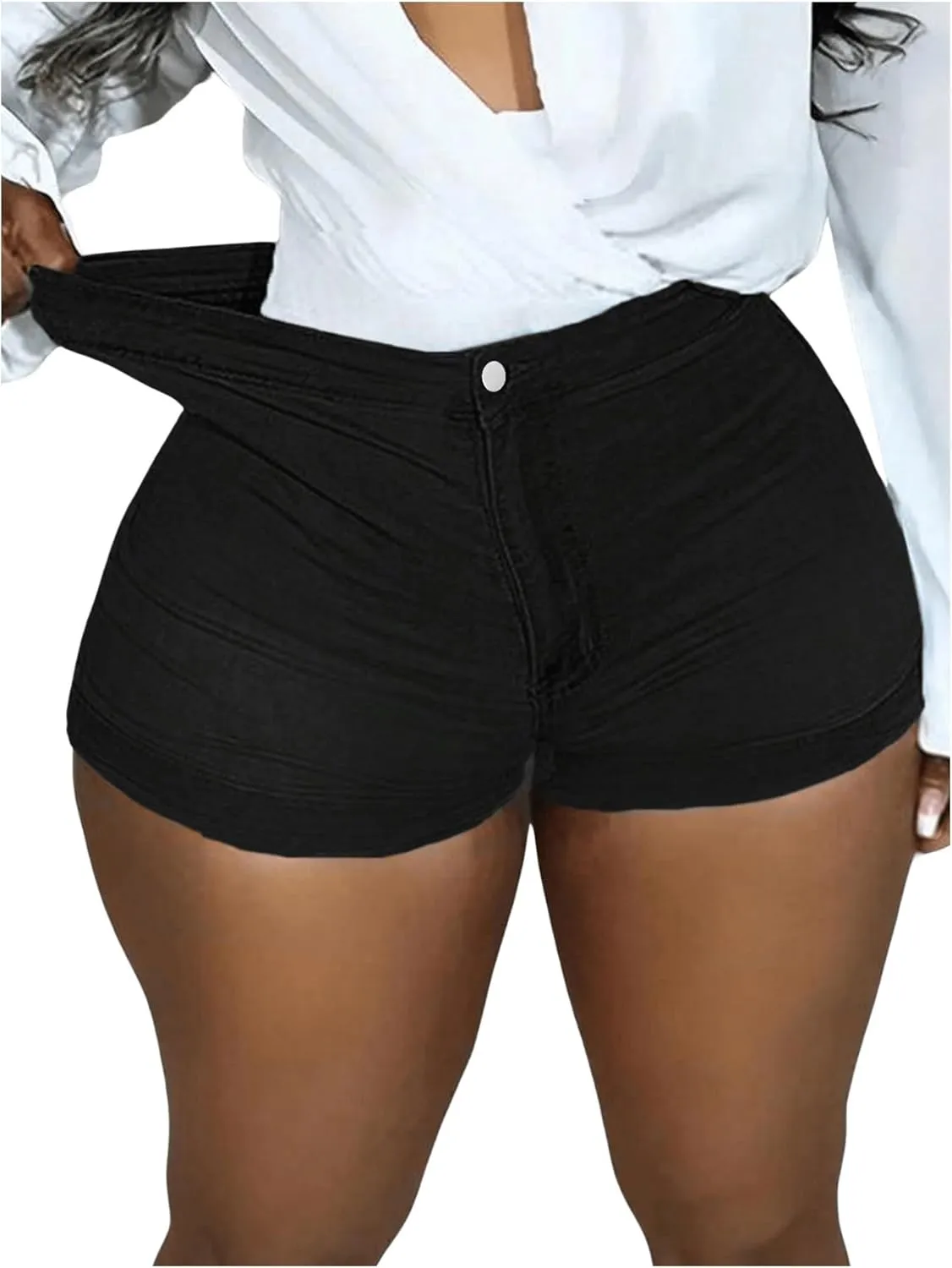 Women's High Waist Denim Shorts Straight Leg Roll Up Hem Button Jean Short Denim Stretchy Skinny Shorts