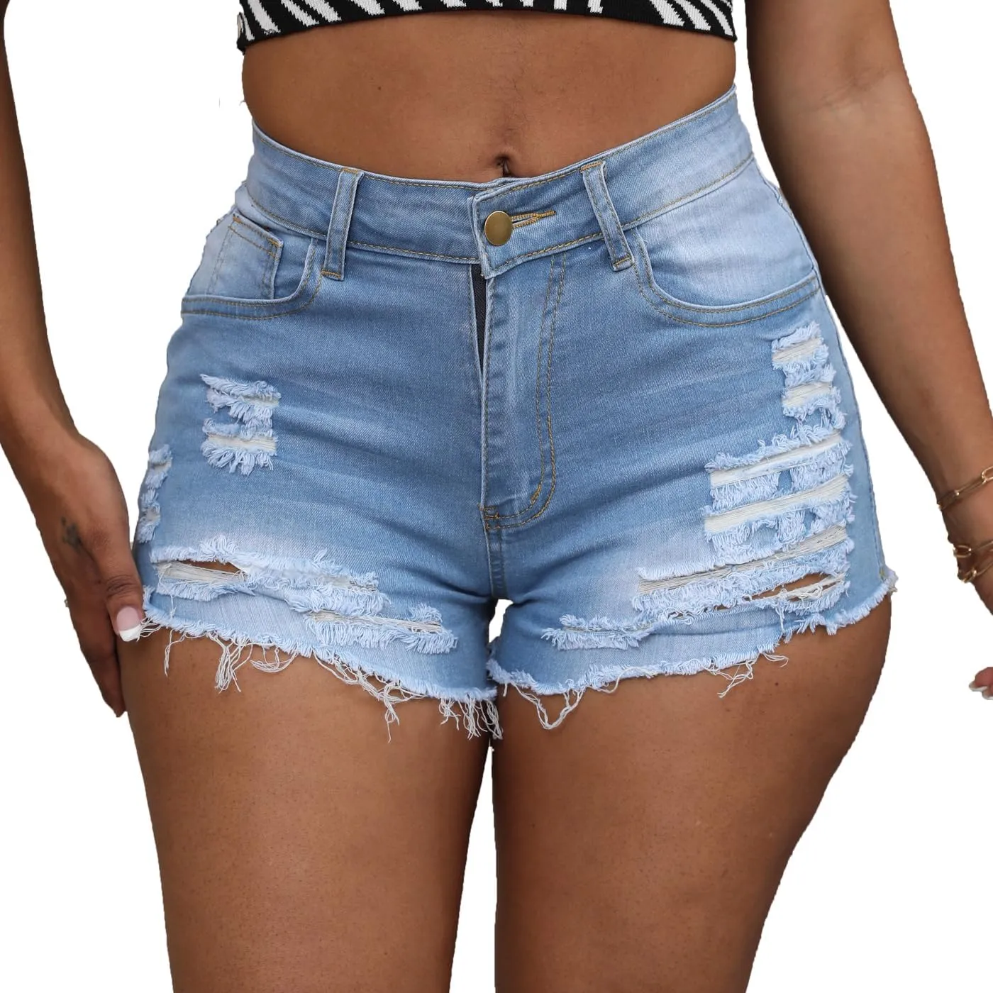Women's Hole Denim Jeans Ripped Stretchy Denim Shorts Frayed Raw Hem Shorts Jeans