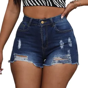 Women's Hole Denim Jeans Ripped Stretchy Denim Shorts Frayed Raw Hem Shorts Jeans