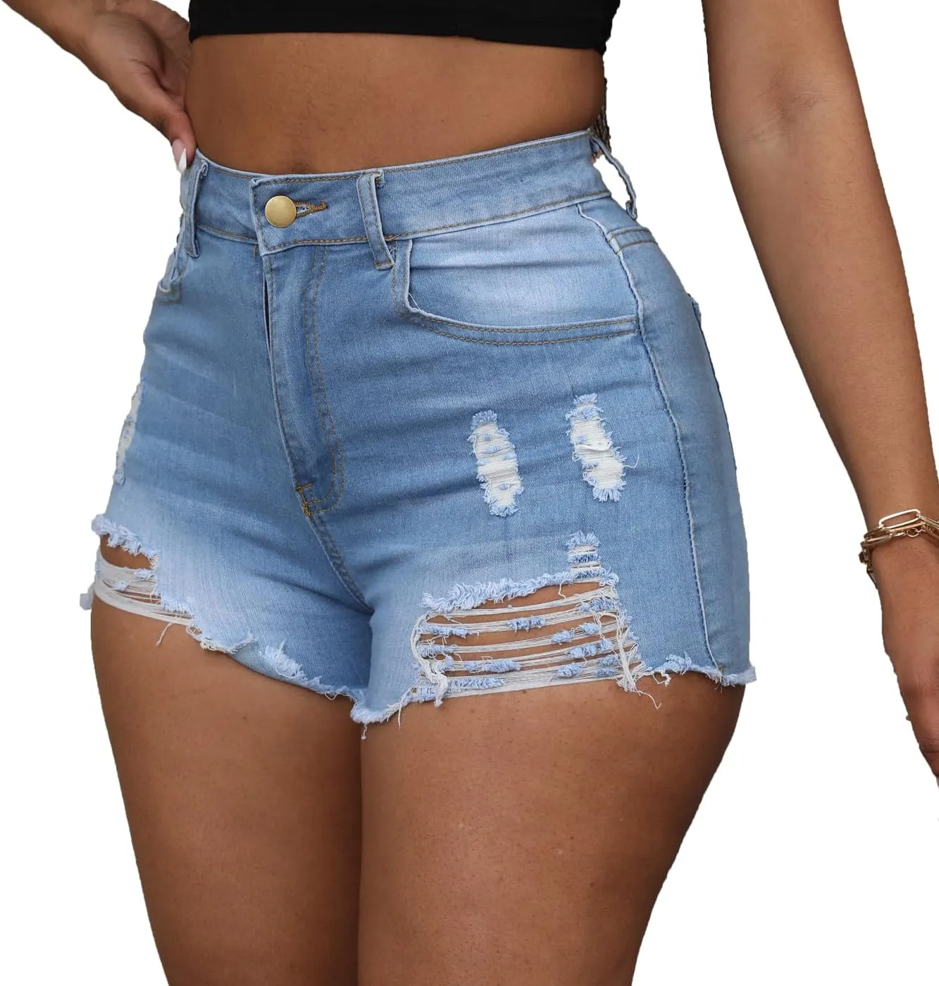Women's Hole Denim Jeans Ripped Stretchy Denim Shorts Frayed Raw Hem Shorts Jeans