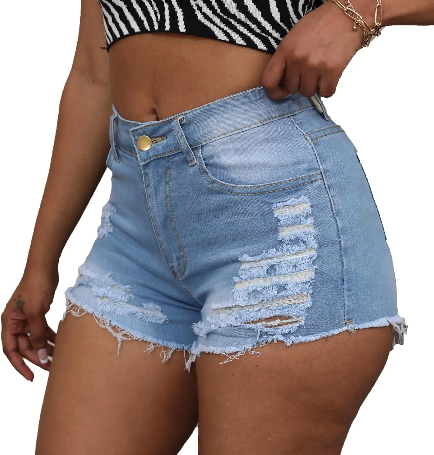 Women's Hole Denim Jeans Ripped Stretchy Denim Shorts Frayed Raw Hem Shorts Jeans
