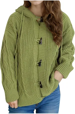 Women's Hooded Cardigans Chunky Cable Knitted Thick Sweater Coat Knitted Open Front Cardigan Sweater Hoodie Outerwear