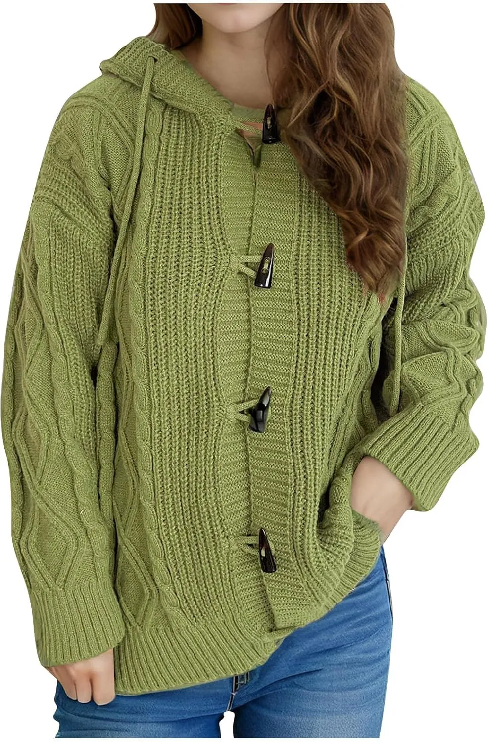 Women's Hooded Cardigans Chunky Cable Knitted Thick Sweater Coat Knitted Open Front Cardigan Sweater Hoodie Outerwear