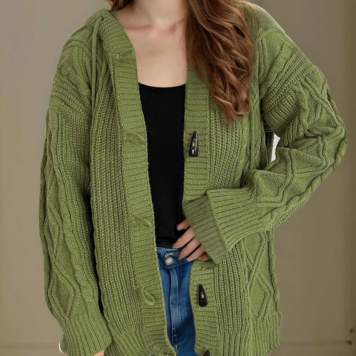 Women's Hooded Cardigans Chunky Cable Knitted Thick Sweater Coat Knitted Open Front Cardigan Sweater Hoodie Outerwear