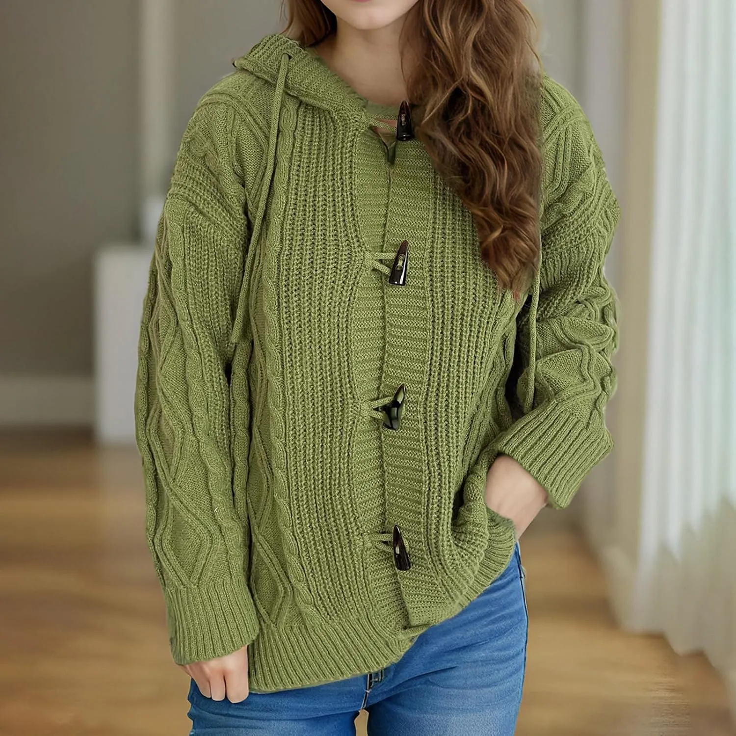 Women's Hooded Cardigans Chunky Cable Knitted Thick Sweater Coat Knitted Open Front Cardigan Sweater Hoodie Outerwear