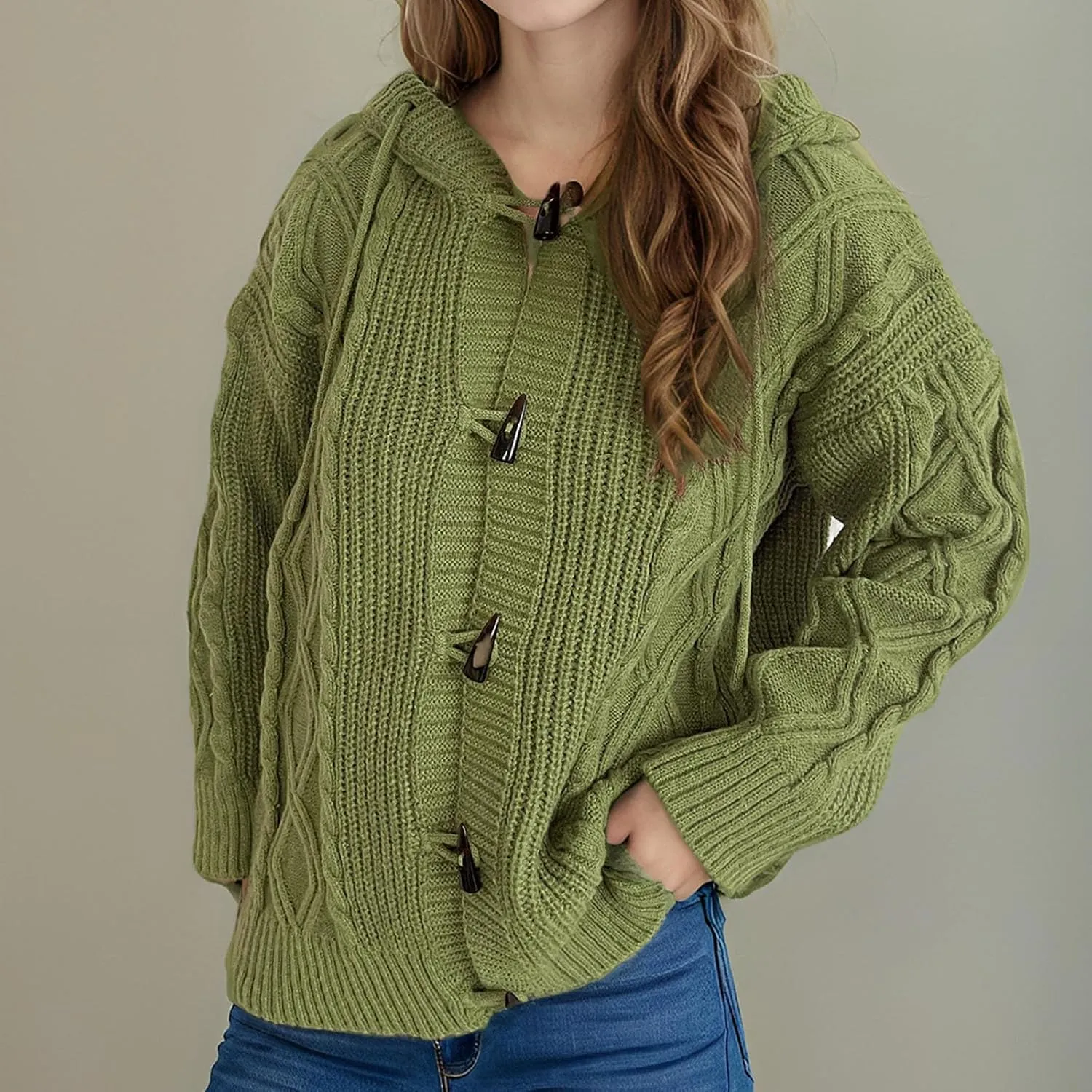 Women's Hooded Cardigans Chunky Cable Knitted Thick Sweater Coat Knitted Open Front Cardigan Sweater Hoodie Outerwear
