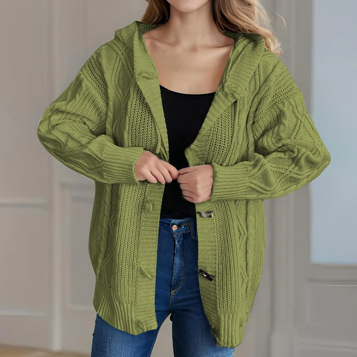 Women's Hooded Cardigans Chunky Cable Knitted Thick Sweater Coat Knitted Open Front Cardigan Sweater Hoodie Outerwear