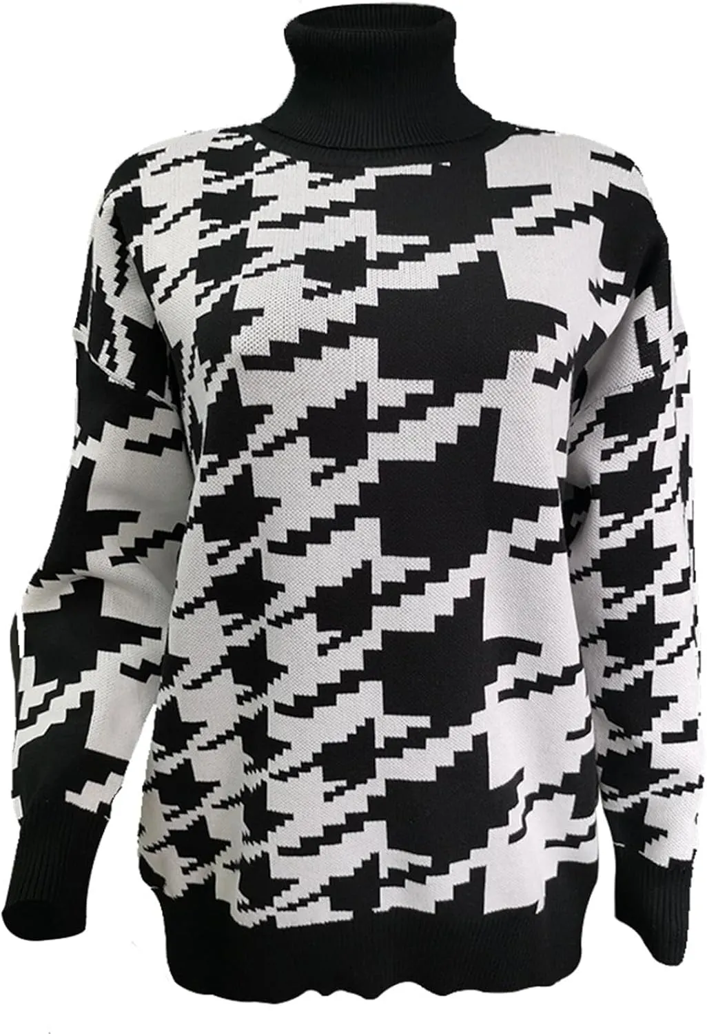 Women's Houndstooth Knitted Sweater Oversized Turtleneck Long Sleeve Casual Pullover Jumper Tops