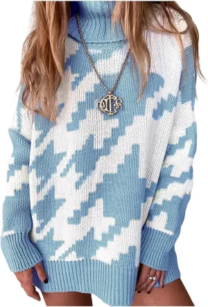 Women's Houndstooth Knitted Sweater Oversized Turtleneck Long Sleeve Casual Pullover Jumper Tops