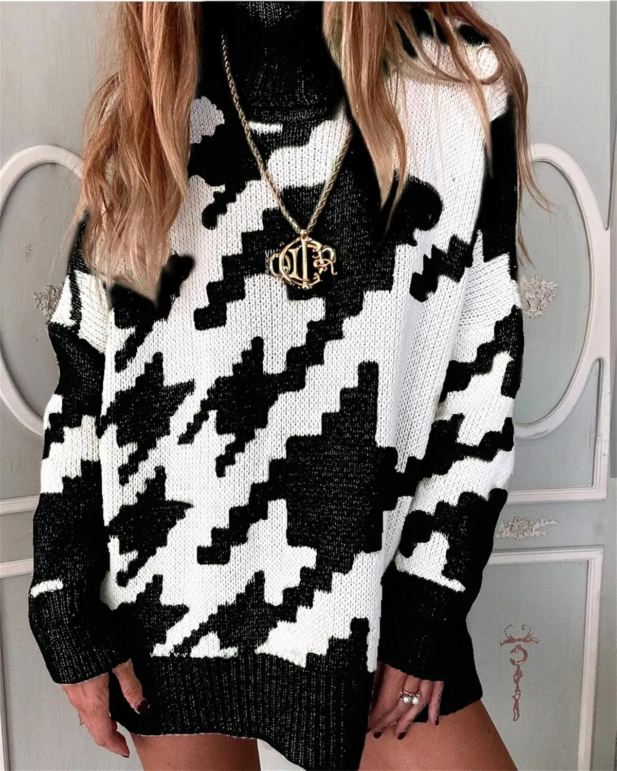 Women's Houndstooth Knitted Sweater Oversized Turtleneck Long Sleeve Casual Pullover Jumper Tops