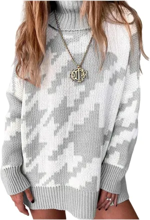 Women's Houndstooth Knitted Sweater Oversized Turtleneck Long Sleeve Casual Pullover Jumper Tops