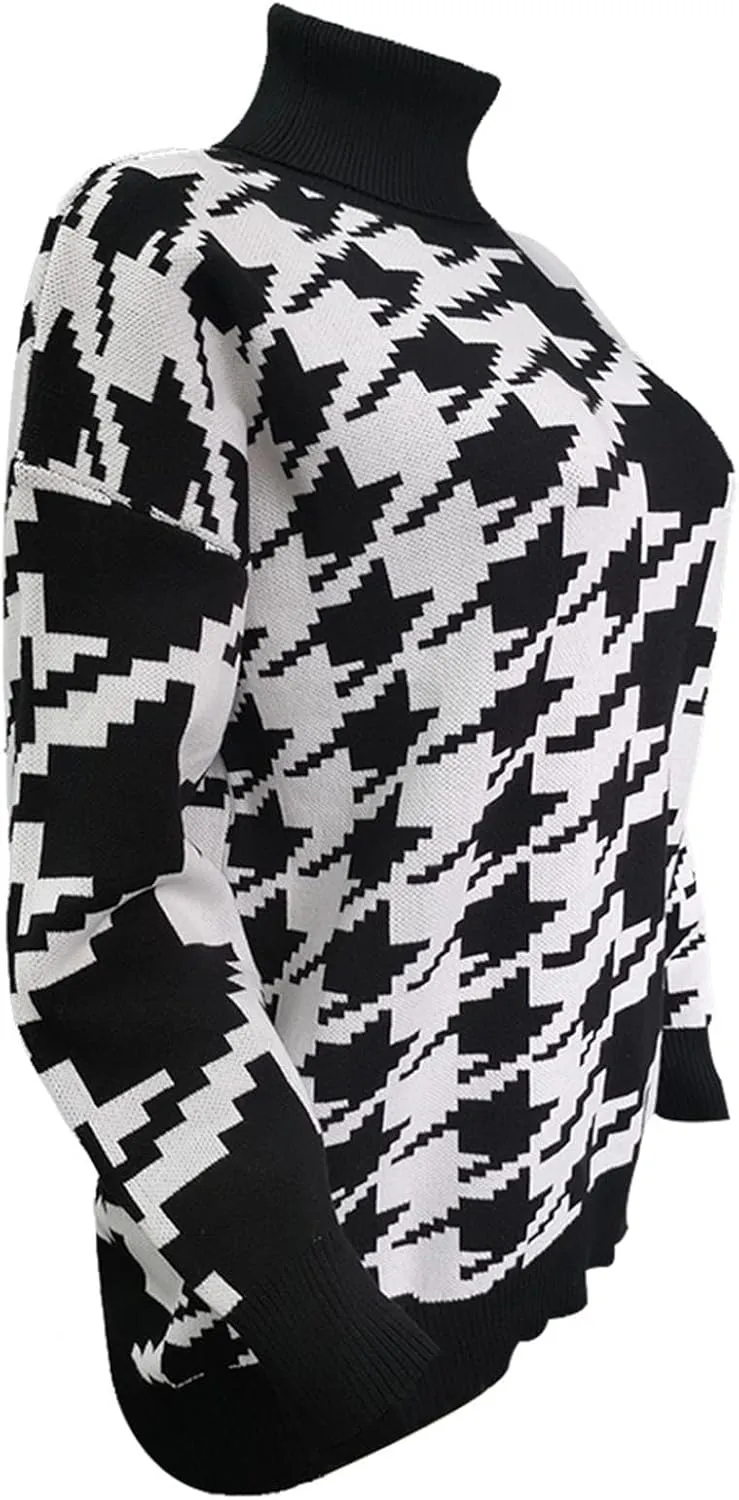 Women's Houndstooth Knitted Sweater Oversized Turtleneck Long Sleeve Casual Pullover Jumper Tops