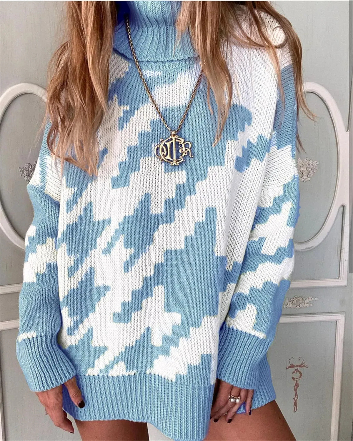 Women's Houndstooth Knitted Sweater Oversized Turtleneck Long Sleeve Casual Pullover Jumper Tops