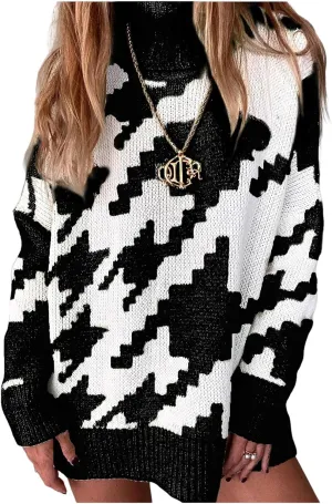 Women's Houndstooth Knitted Sweater Oversized Turtleneck Long Sleeve Casual Pullover Jumper Tops
