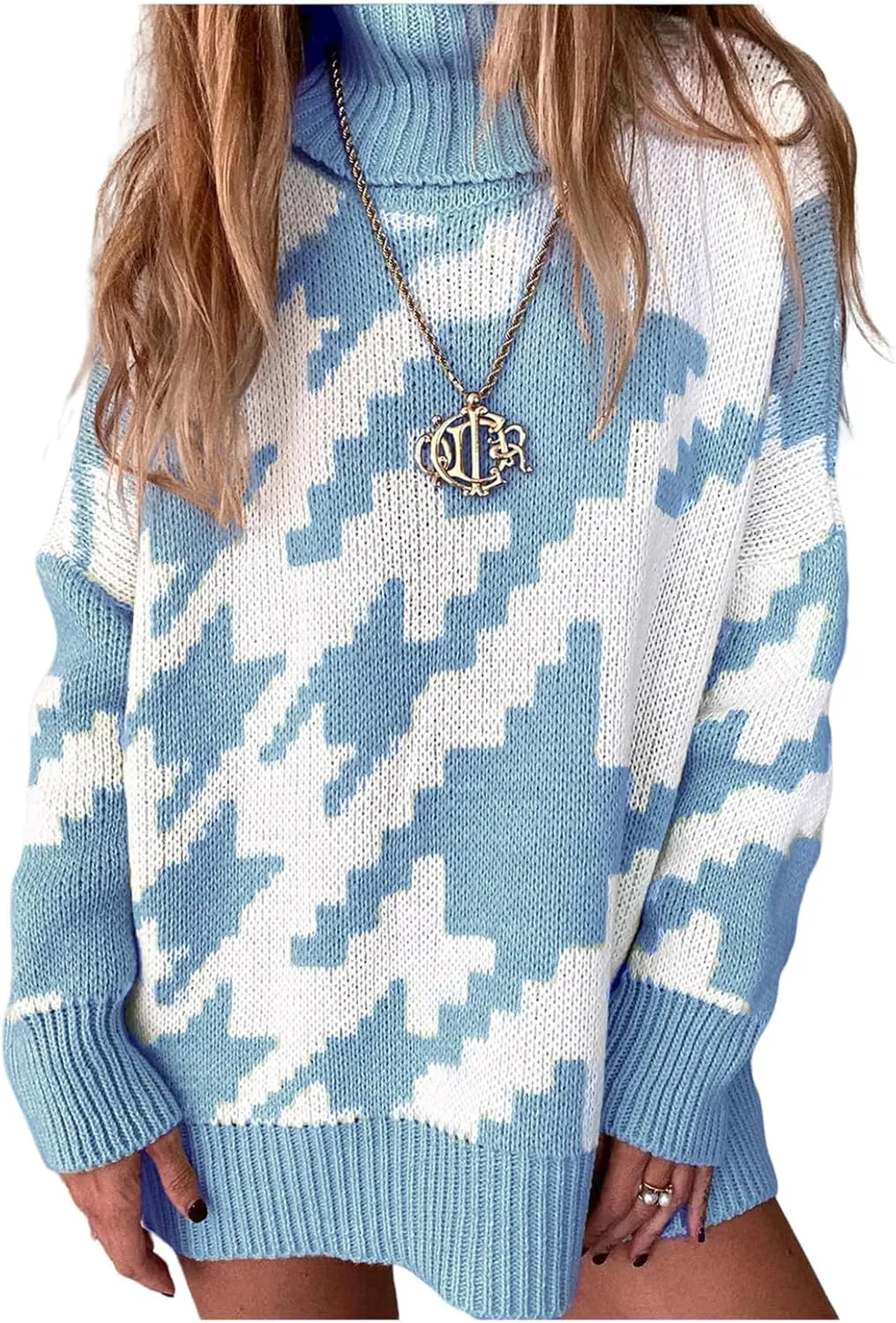 Women's Houndstooth Knitted Sweater Oversized Turtleneck Long Sleeve Casual Pullover Jumper Tops