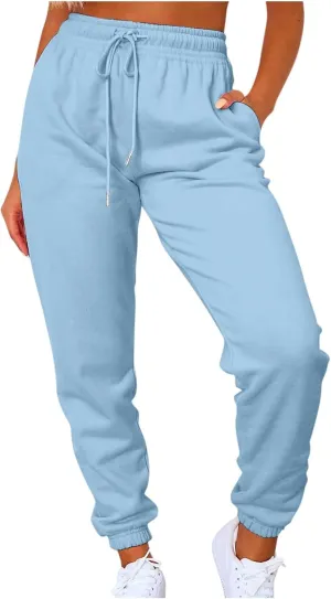 Women's Jogger Sweatpants Drawstring High Waisted Lounge Pants Solid Color Athletic Running Workout Trousers with Pockets