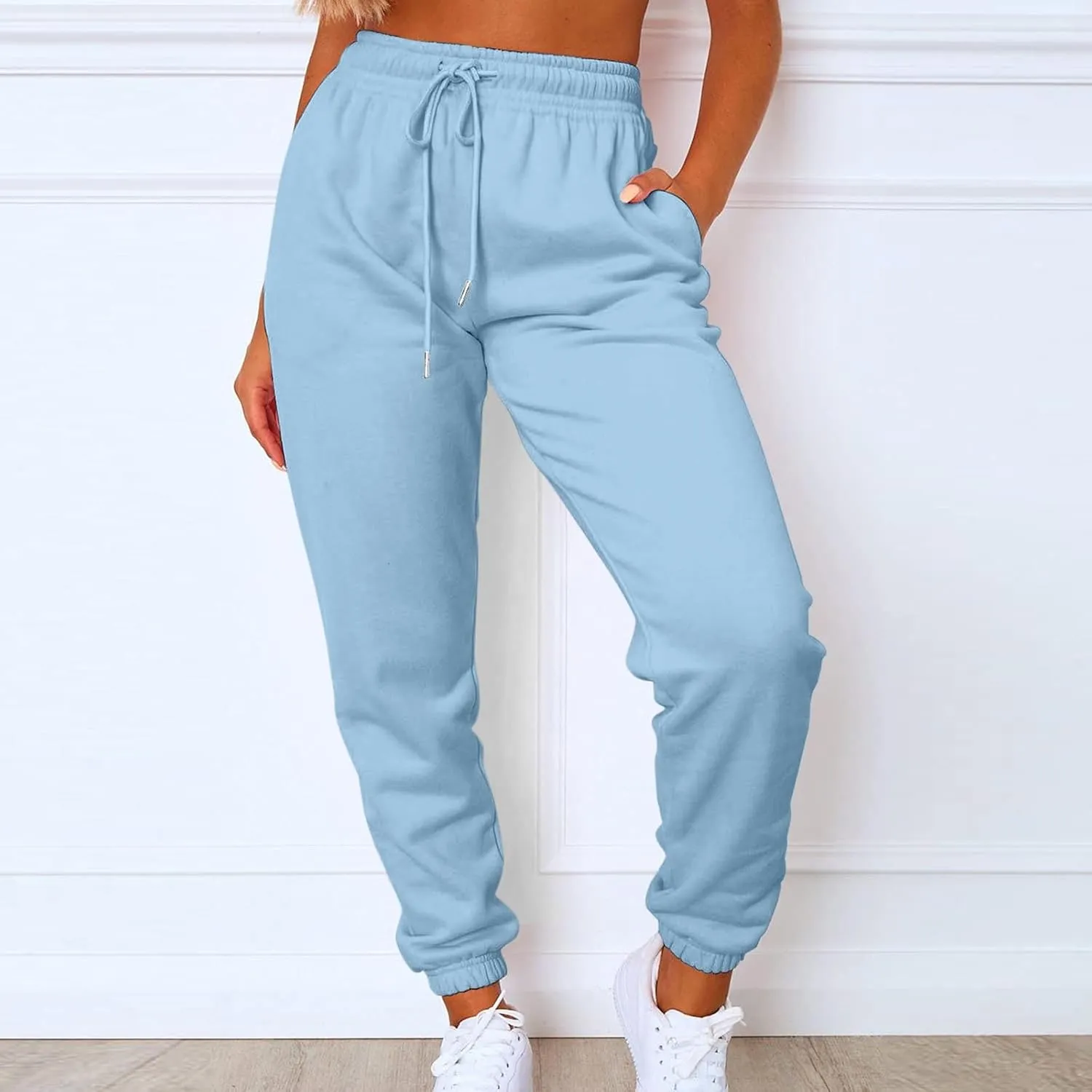 Women's Jogger Sweatpants Drawstring High Waisted Lounge Pants Solid Color Athletic Running Workout Trousers with Pockets