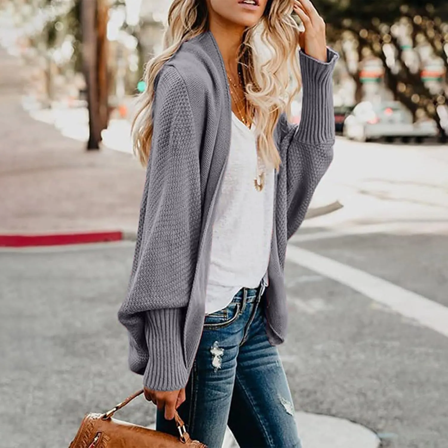 Womens Kimono Batwing Cable Knitted Slouchy Oversized Wrap Cardigan Sweaters Trendy Casual Duster Lightweight Cardigan