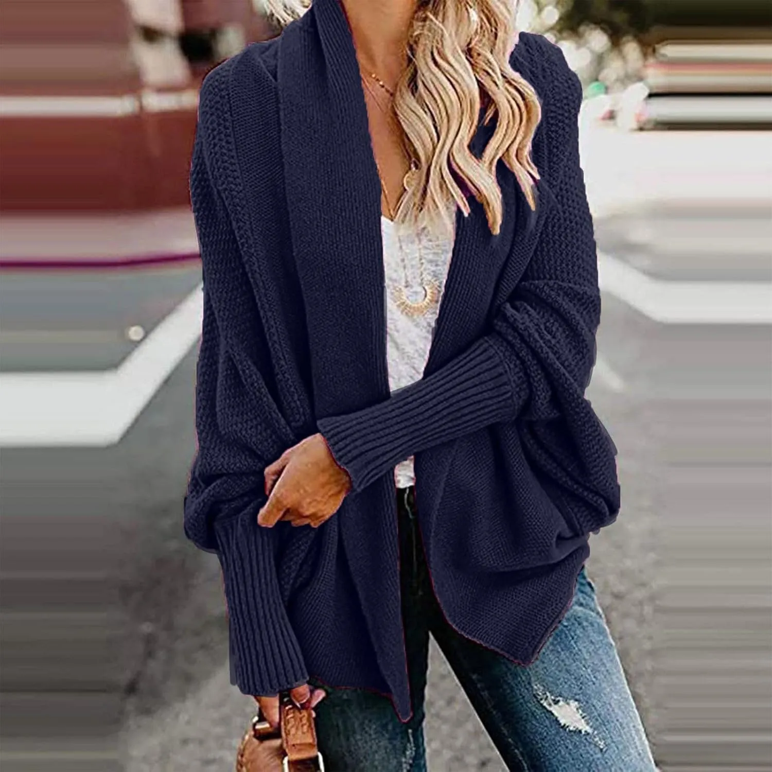 Womens Kimono Batwing Cable Knitted Slouchy Oversized Wrap Cardigan Sweaters Trendy Casual Duster Lightweight Cardigan