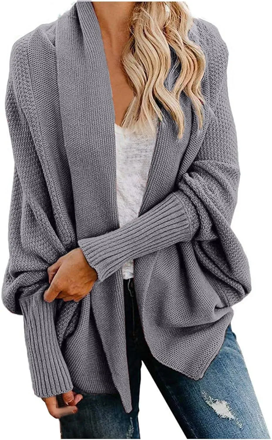 Womens Kimono Batwing Cable Knitted Slouchy Oversized Wrap Cardigan Sweaters Trendy Casual Duster Lightweight Cardigan