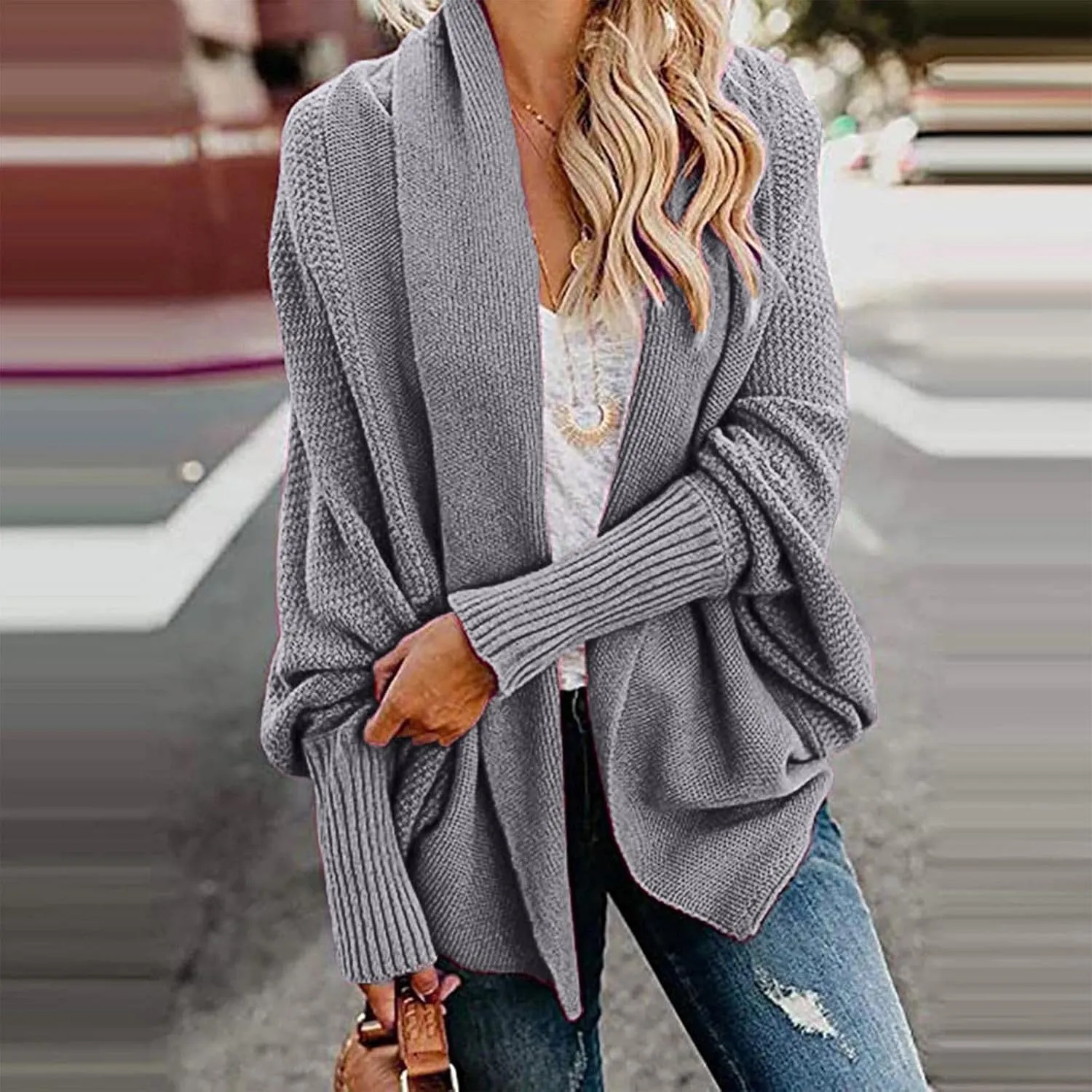 Womens Kimono Batwing Cable Knitted Slouchy Oversized Wrap Cardigan Sweaters Trendy Casual Duster Lightweight Cardigan