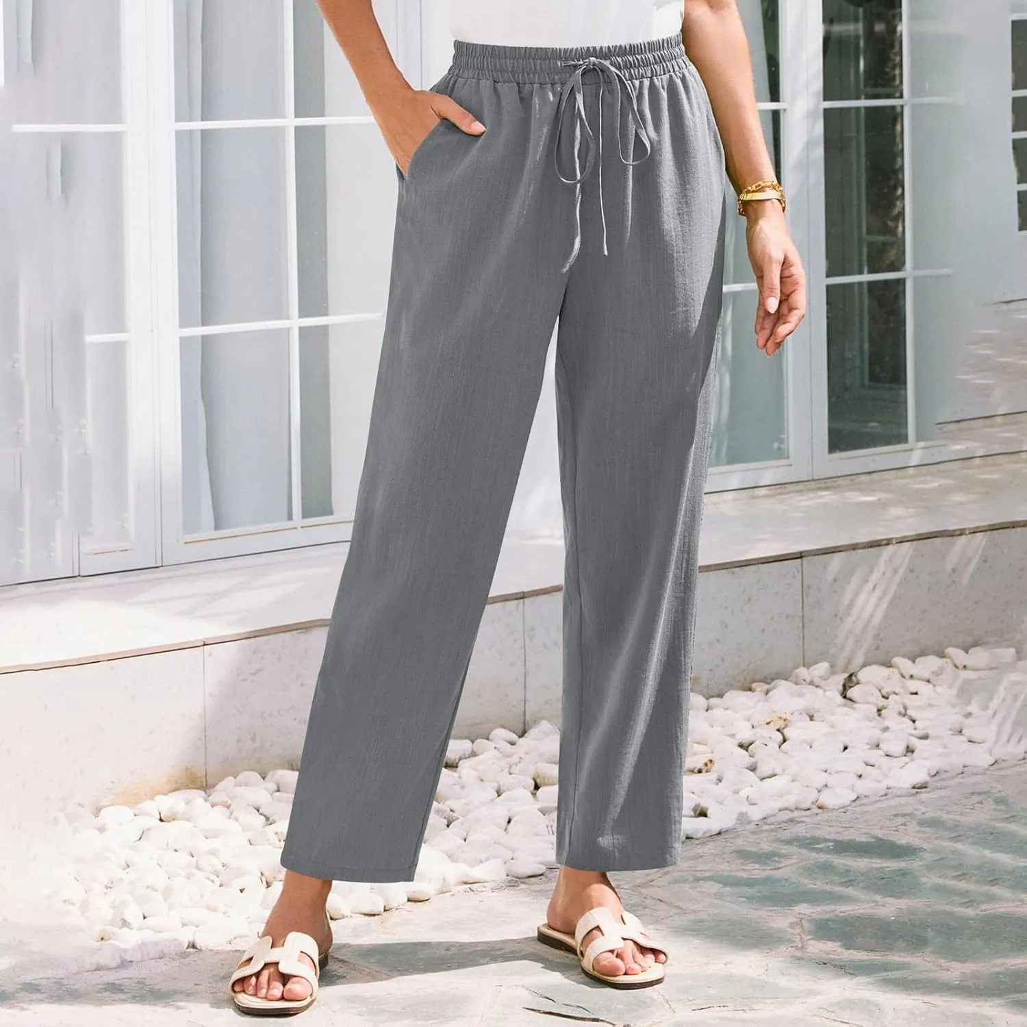 Womens Linen Pants Straight Leg Trousers 2025 Summer Casual Elastic Drawstring Pant Cotton Beach Lounge with Pocket