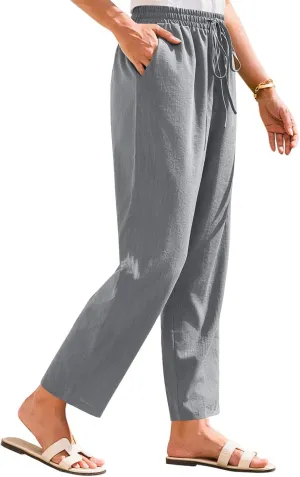 Womens Linen Pants Straight Leg Trousers 2025 Summer Casual Elastic Drawstring Pant Cotton Beach Lounge with Pocket