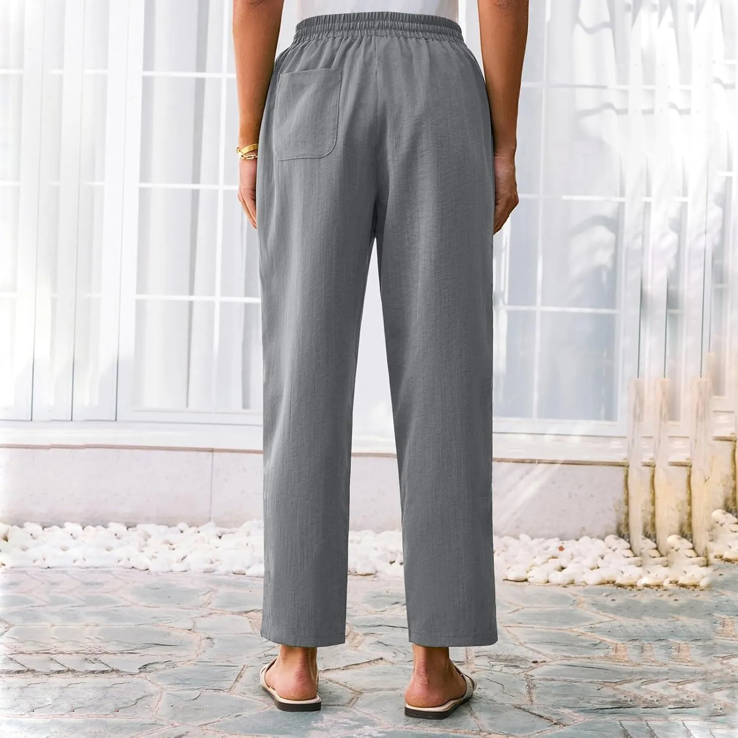 Womens Linen Pants Straight Leg Trousers 2025 Summer Casual Elastic Drawstring Pant Cotton Beach Lounge with Pocket