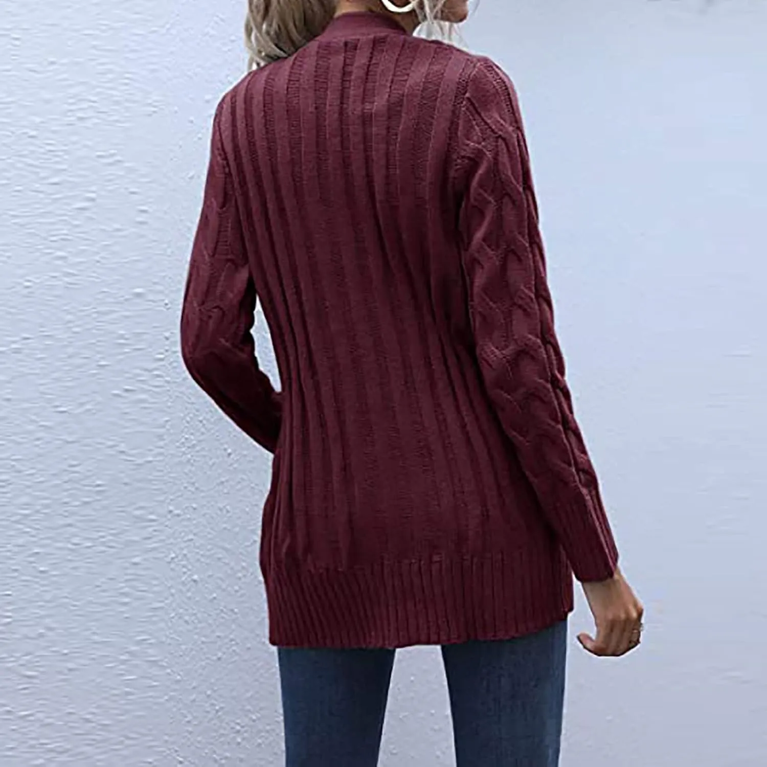 Women's Loose Cable Knit Cardigan Sweater Long Sleeve Open Front Button Down Chunky Knitwear Outerwear with Pockets