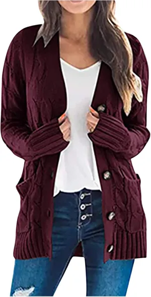 Women's Loose Cable Knit Cardigan Sweater Long Sleeve Open Front Button Down Chunky Knitwear Outerwear with Pockets