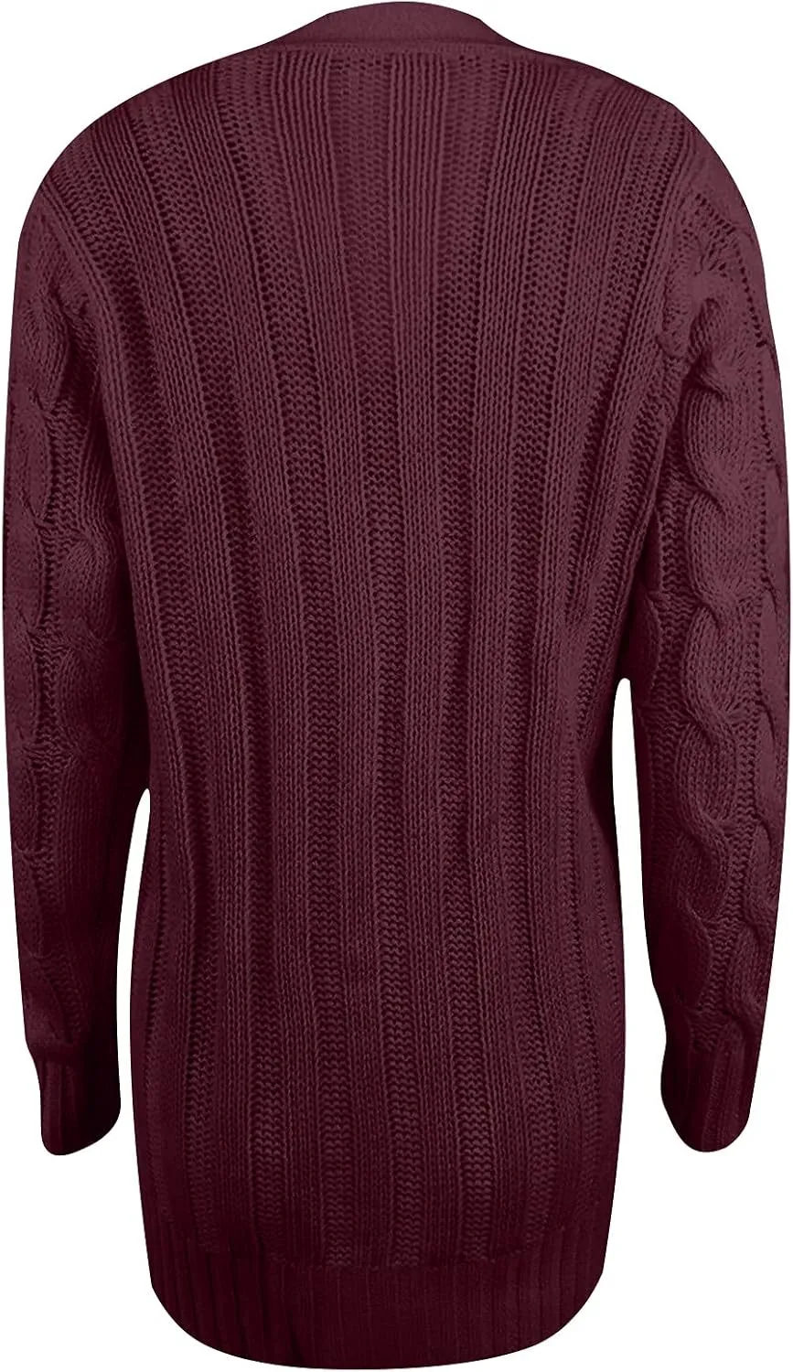 Women's Loose Cable Knit Cardigan Sweater Long Sleeve Open Front Button Down Chunky Knitwear Outerwear with Pockets
