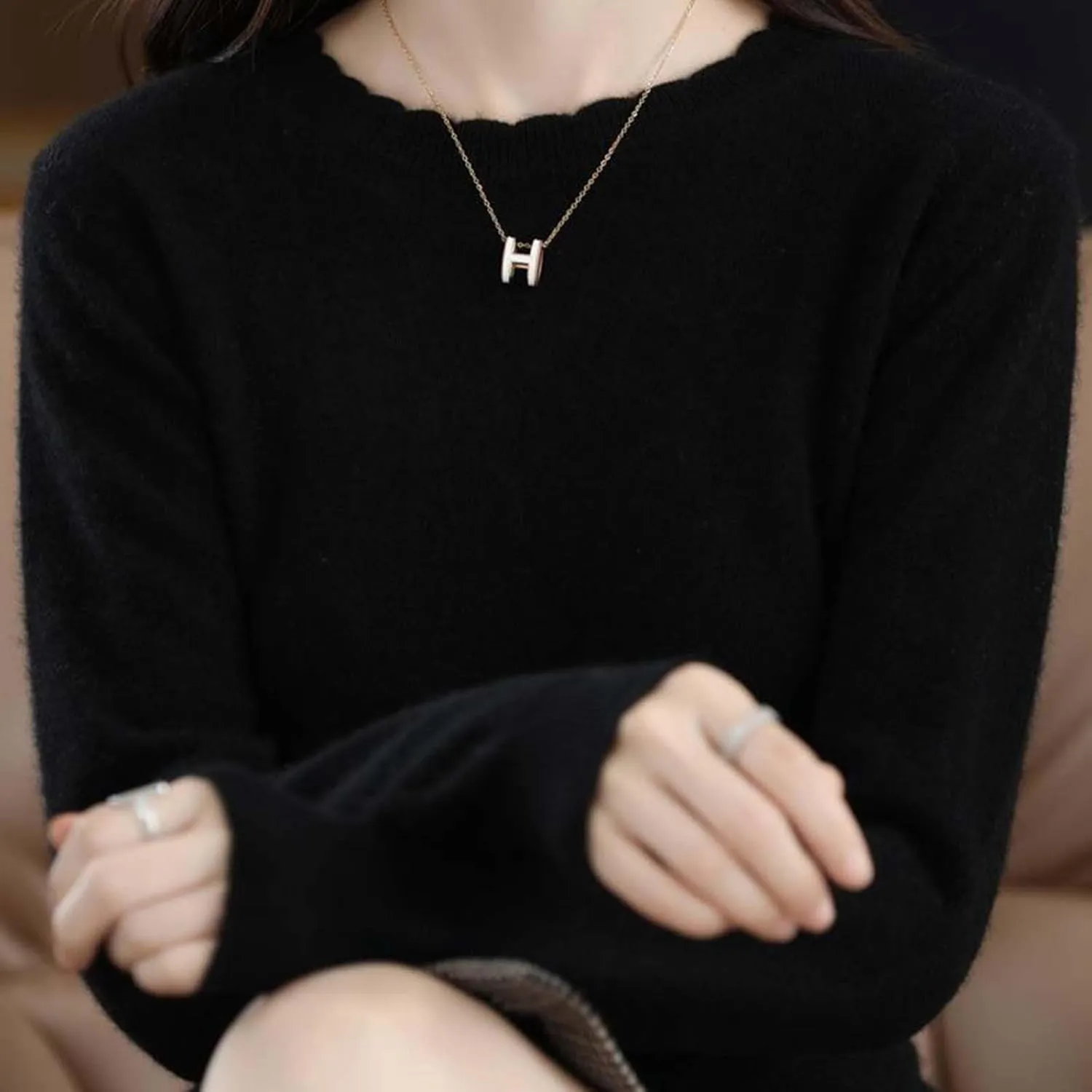 Women's Merino Wool Cashmere Sweater Loose Fit Long Sleeve Crew Neck Plain Knitted Pullover Jumper Tops