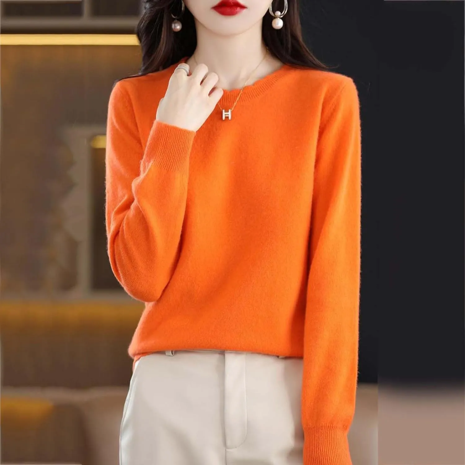 Women's Merino Wool Cashmere Sweater Loose Fit Long Sleeve Crew Neck Plain Knitted Pullover Jumper Tops