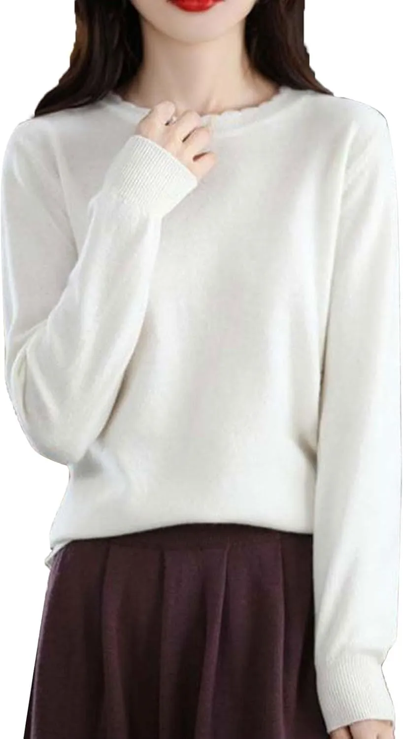 Women's Merino Wool Cashmere Sweater Loose Fit Long Sleeve Crew Neck Plain Knitted Pullover Jumper Tops