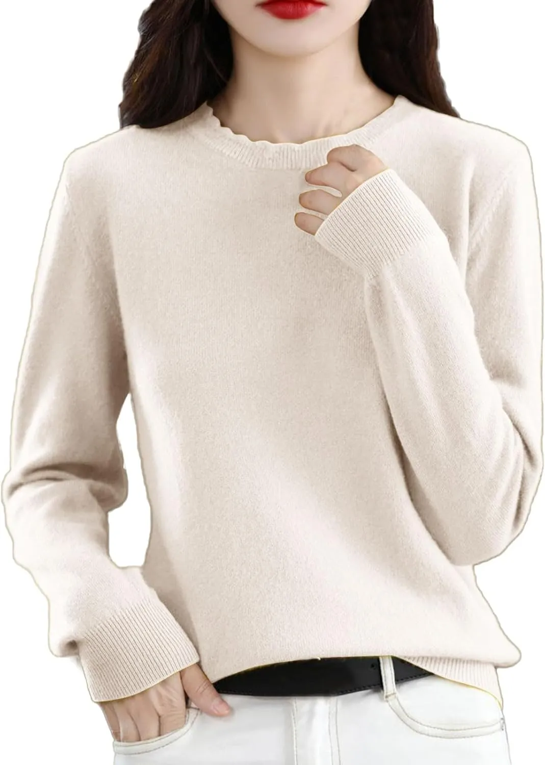 Women's Merino Wool Cashmere Sweater Loose Fit Long Sleeve Crew Neck Plain Knitted Pullover Jumper Tops