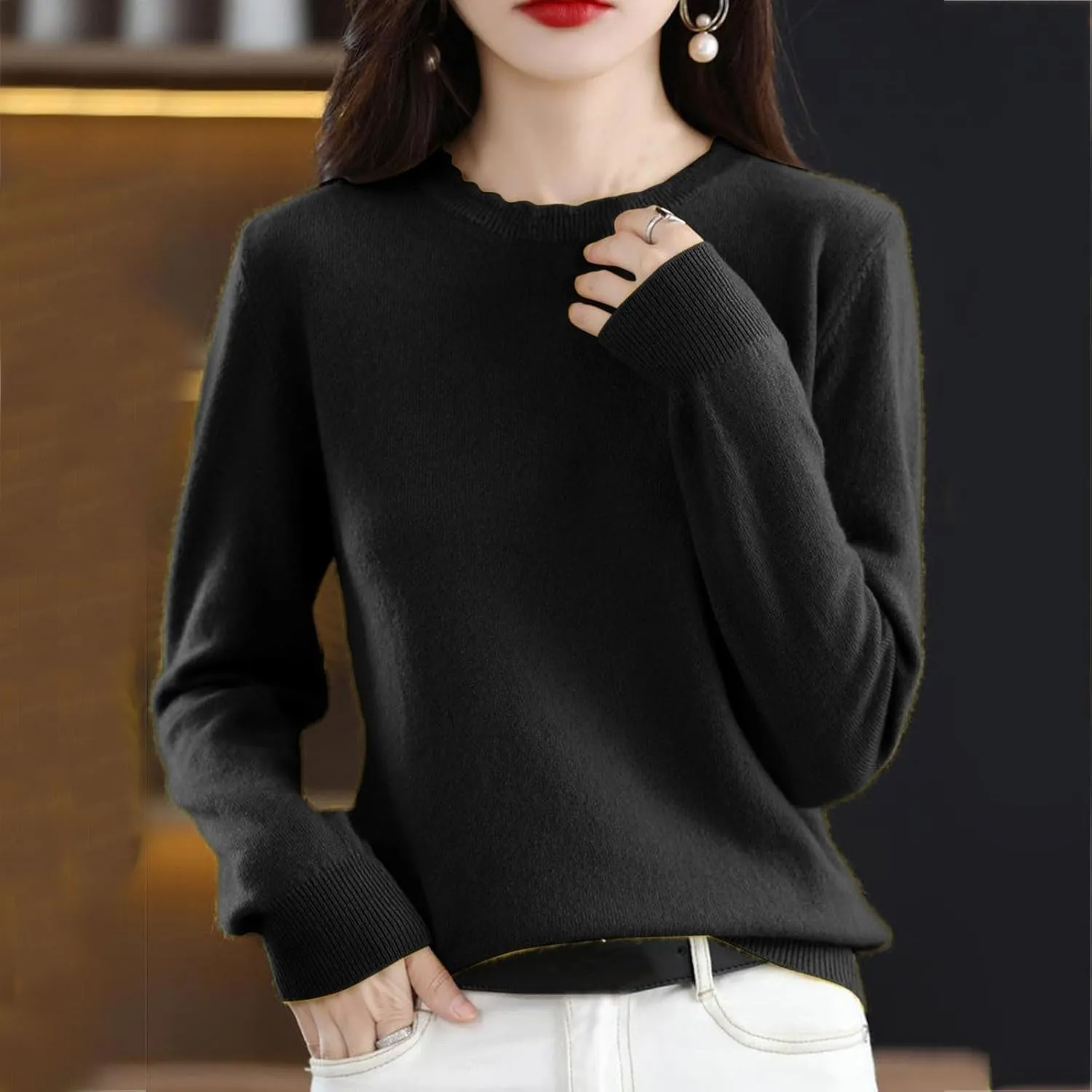 Women's Merino Wool Cashmere Sweater Loose Fit Long Sleeve Crew Neck Plain Knitted Pullover Jumper Tops