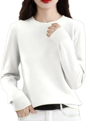 Women's Merino Wool Cashmere Sweater Loose Fit Long Sleeve Crew Neck Plain Knitted Pullover Jumper Tops