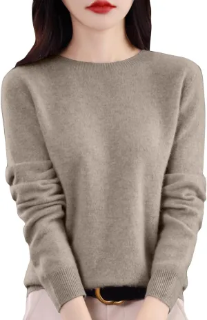 Women's Merino Wool Cashmere Sweater Loose Fit Long Sleeve Crew Neck Plain Knitted Pullover Jumper Tops