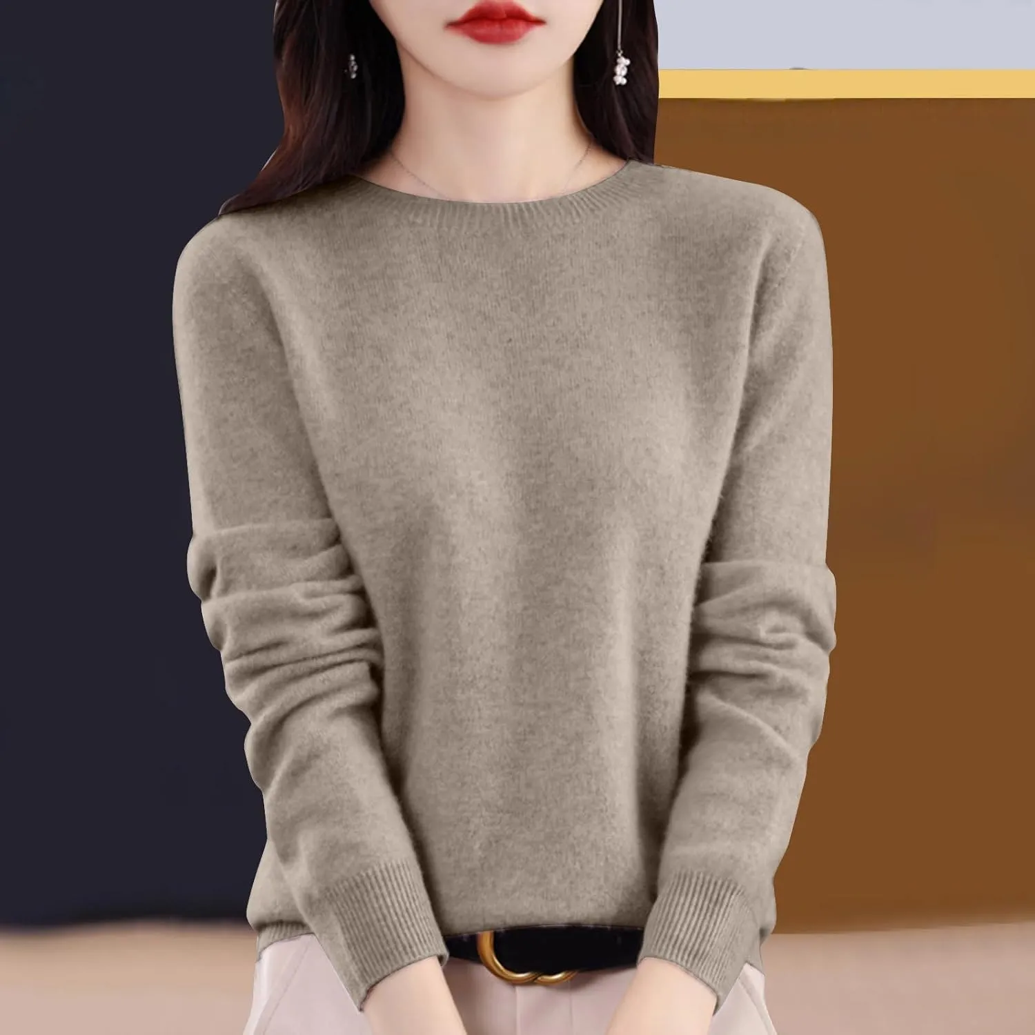 Women's Merino Wool Cashmere Sweater Loose Fit Long Sleeve Crew Neck Plain Knitted Pullover Jumper Tops