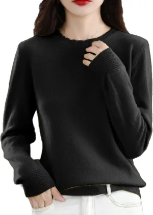 Women's Merino Wool Cashmere Sweater Loose Fit Long Sleeve Crew Neck Plain Knitted Pullover Jumper Tops
