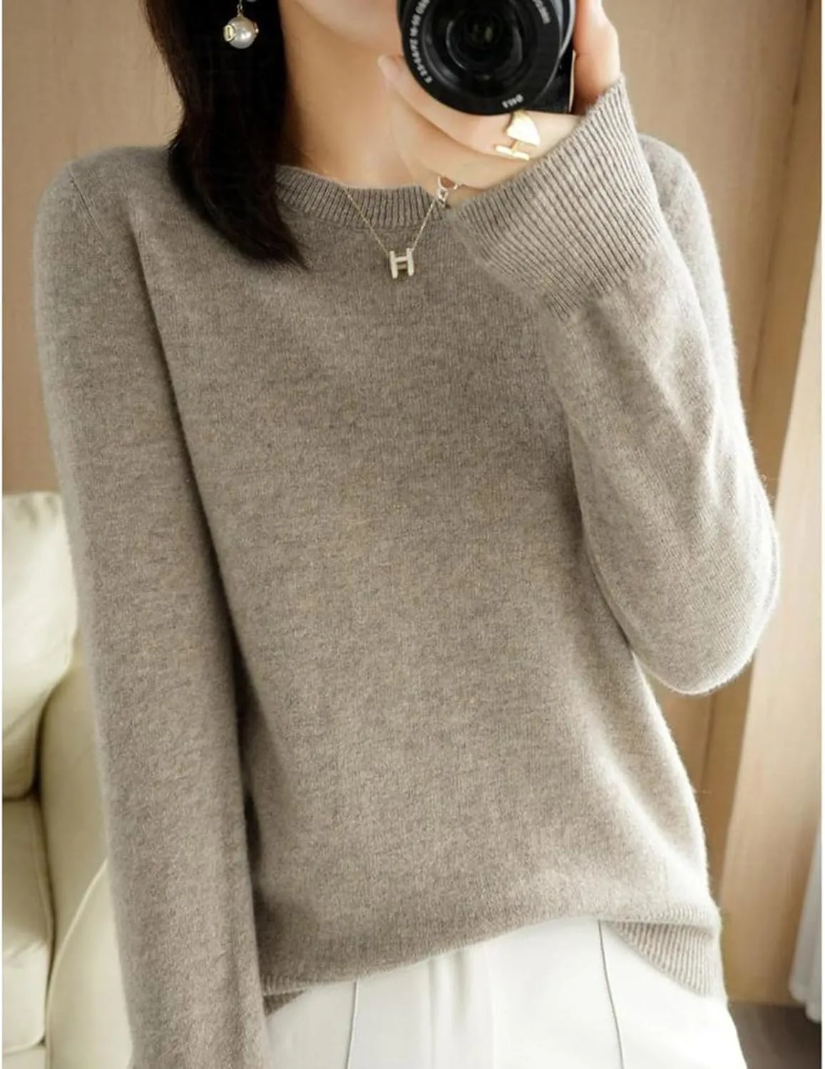 Women's Merino Wool Cashmere Sweater Loose Fit Long Sleeve Crew Neck Plain Knitted Pullover Jumper Tops