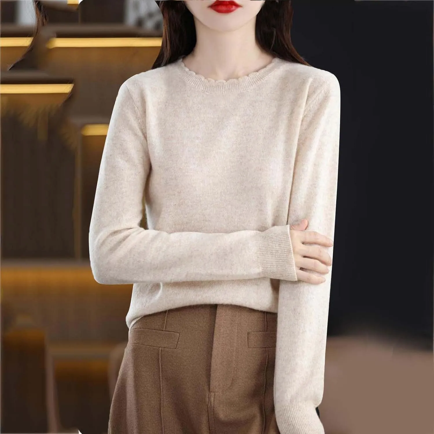 Women's Merino Wool Cashmere Sweater Loose Fit Long Sleeve Crew Neck Plain Knitted Pullover Jumper Tops