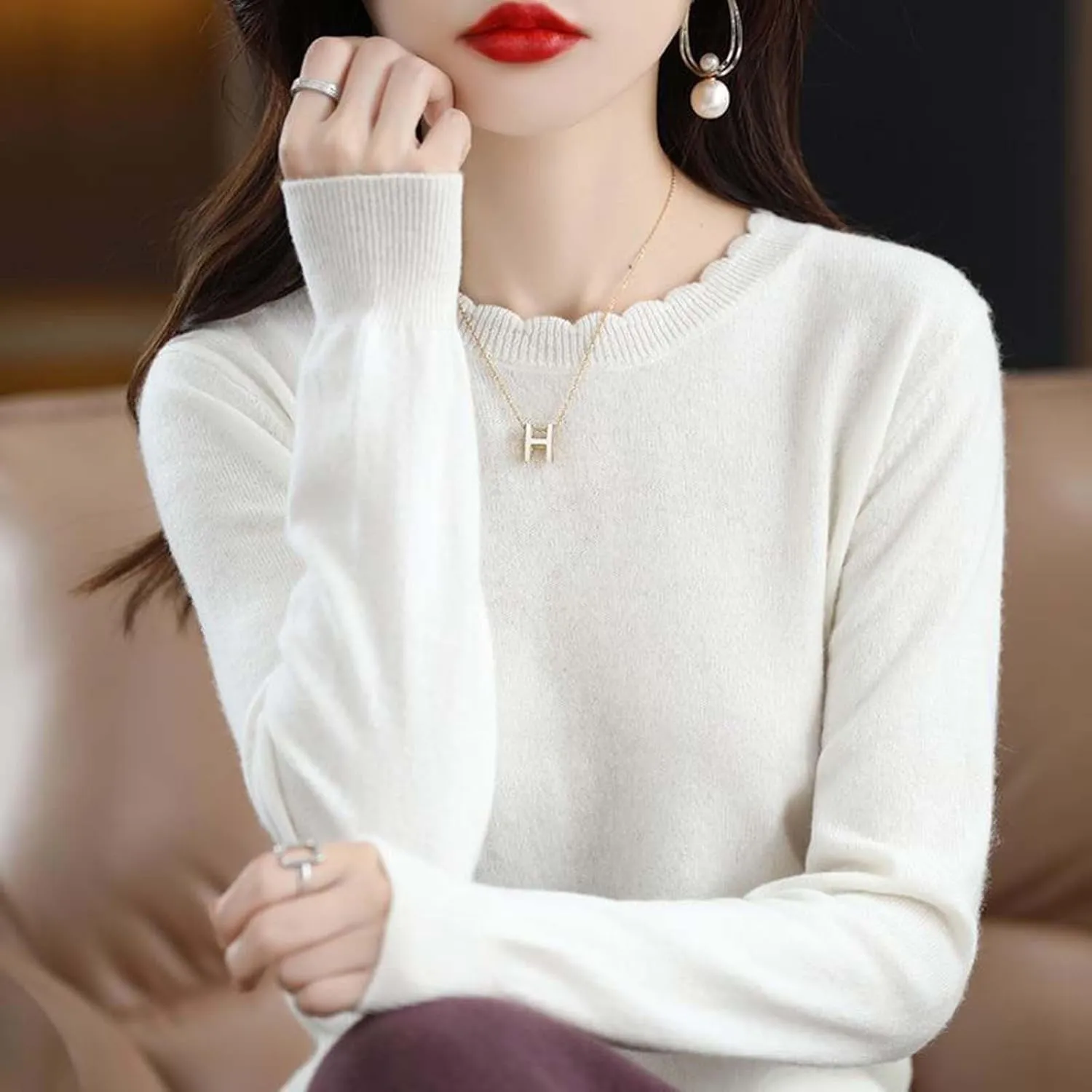 Women's Merino Wool Cashmere Sweater Loose Fit Long Sleeve Crew Neck Plain Knitted Pullover Jumper Tops