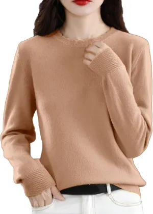 Women's Merino Wool Cashmere Sweater Loose Fit Long Sleeve Crew Neck Plain Knitted Pullover Jumper Tops
