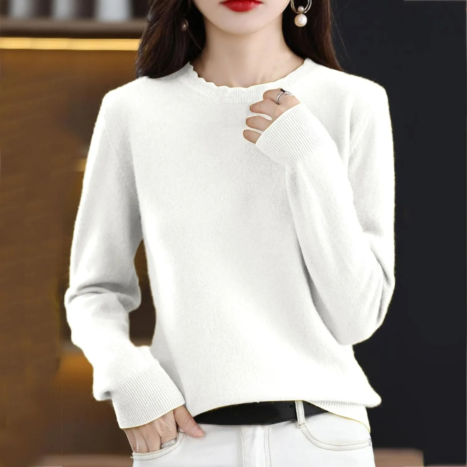Women's Merino Wool Cashmere Sweater Loose Fit Long Sleeve Crew Neck Plain Knitted Pullover Jumper Tops