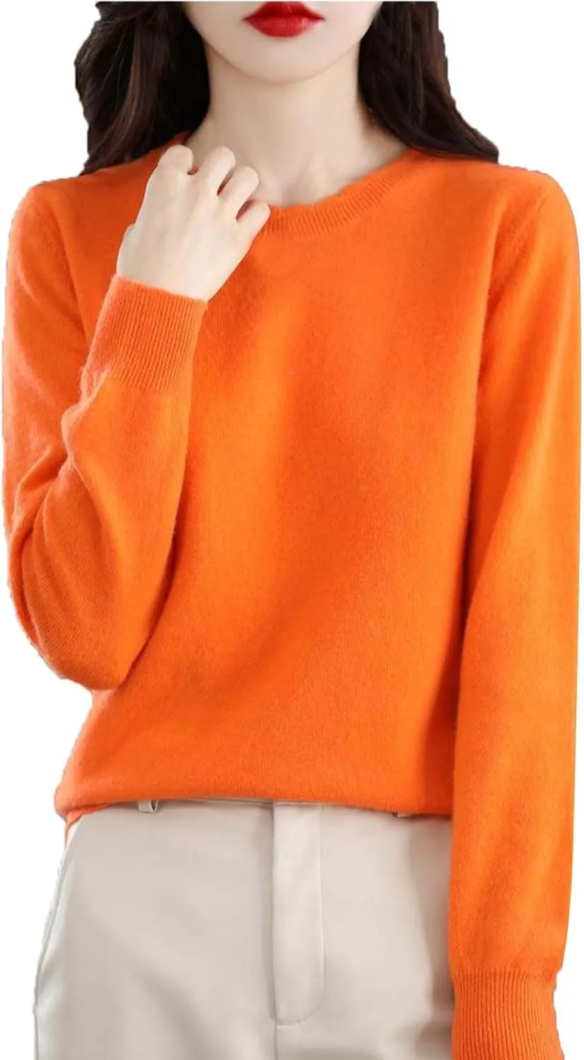 Women's Merino Wool Cashmere Sweater Loose Fit Long Sleeve Crew Neck Plain Knitted Pullover Jumper Tops
