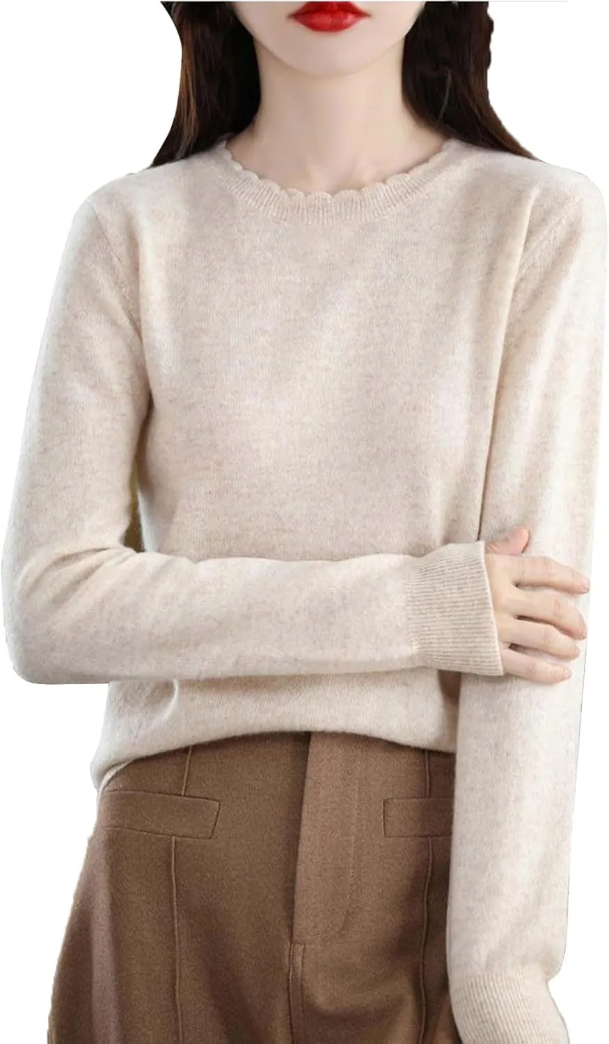 Women's Merino Wool Cashmere Sweater Loose Fit Long Sleeve Crew Neck Plain Knitted Pullover Jumper Tops