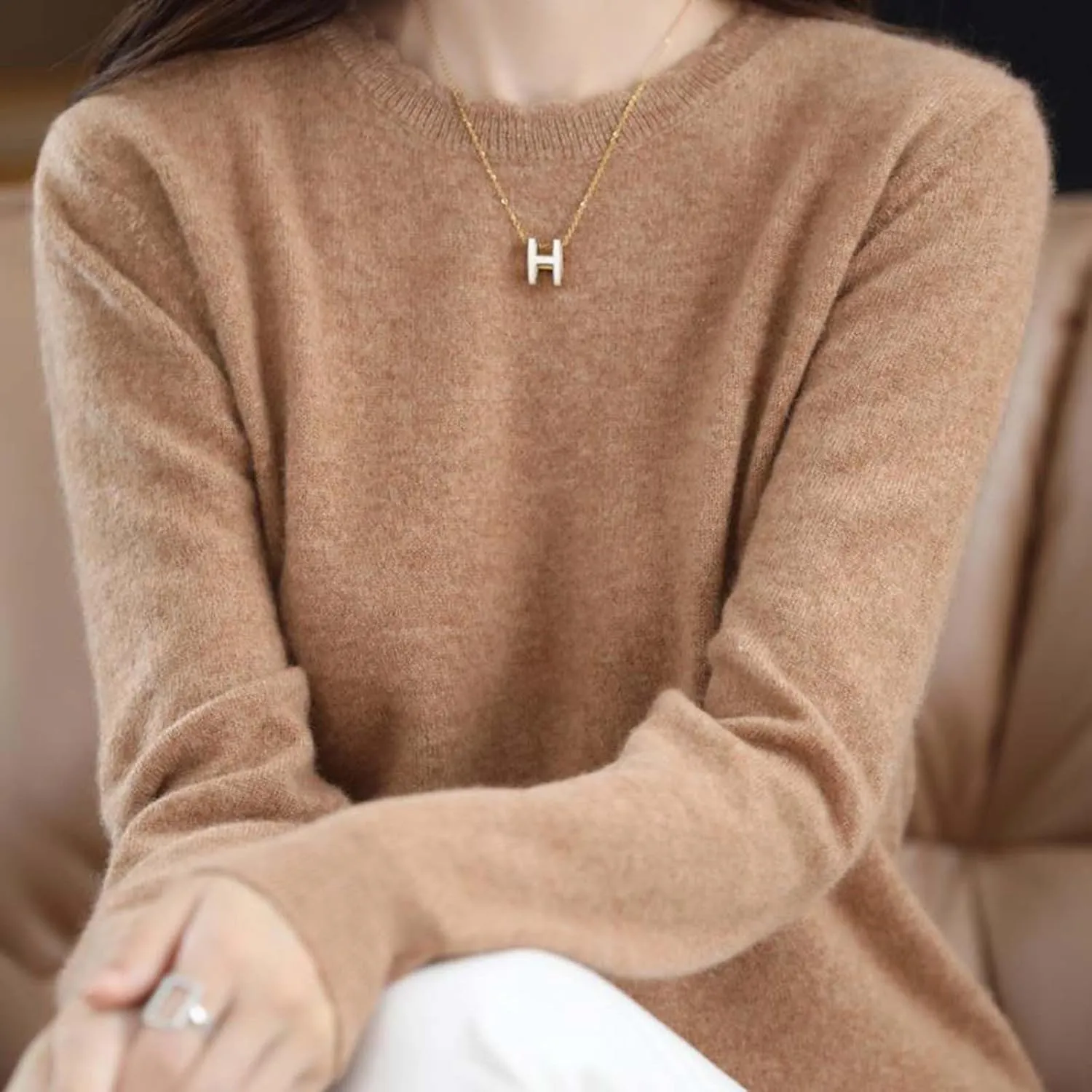 Women's Merino Wool Cashmere Sweater Loose Fit Long Sleeve Crew Neck Plain Knitted Pullover Jumper Tops