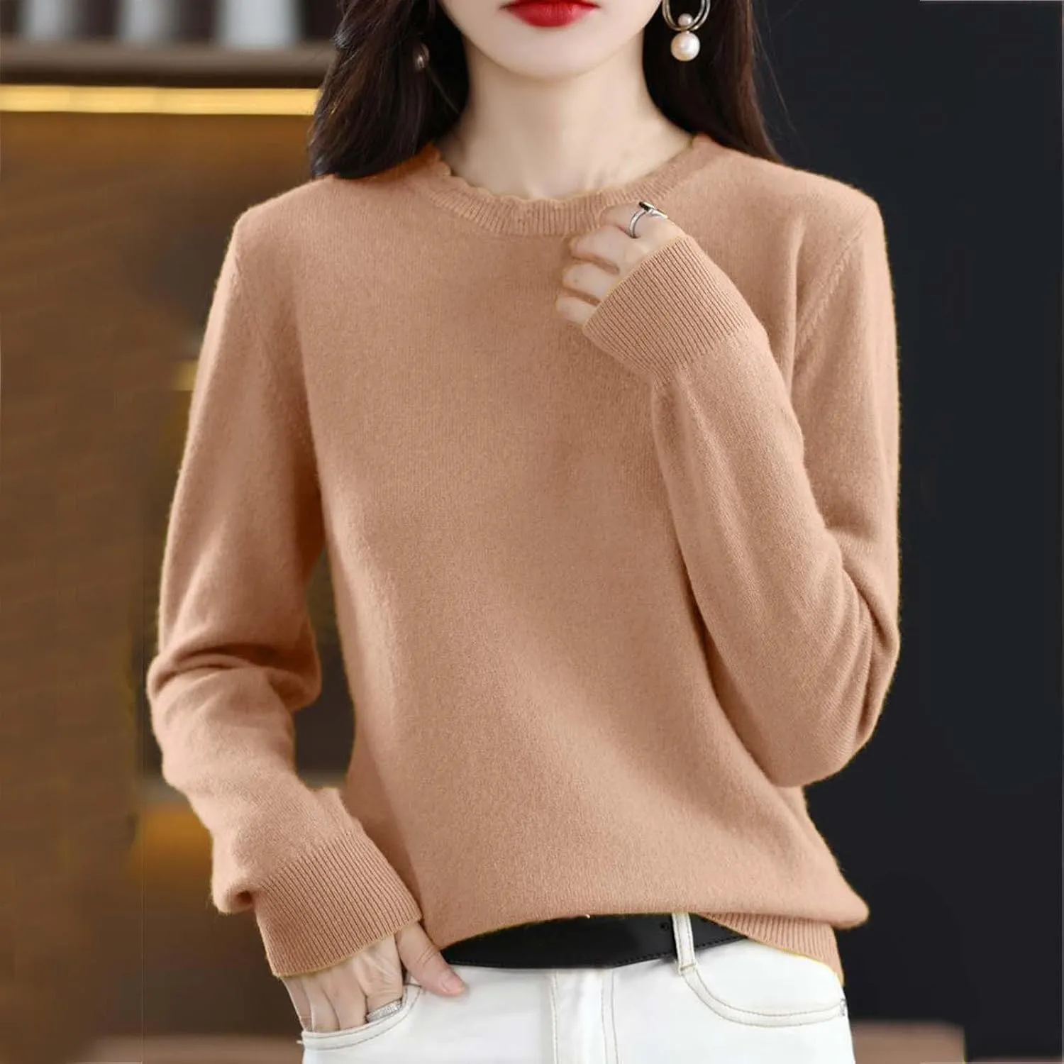 Women's Merino Wool Cashmere Sweater Loose Fit Long Sleeve Crew Neck Plain Knitted Pullover Jumper Tops