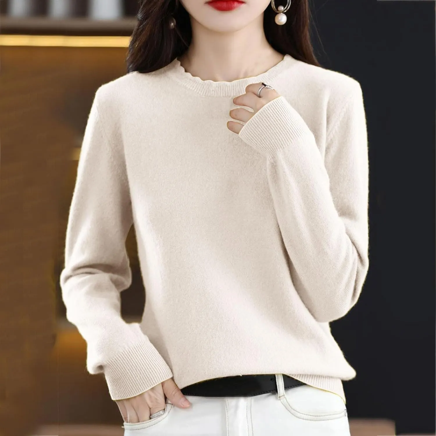 Women's Merino Wool Cashmere Sweater Loose Fit Long Sleeve Crew Neck Plain Knitted Pullover Jumper Tops